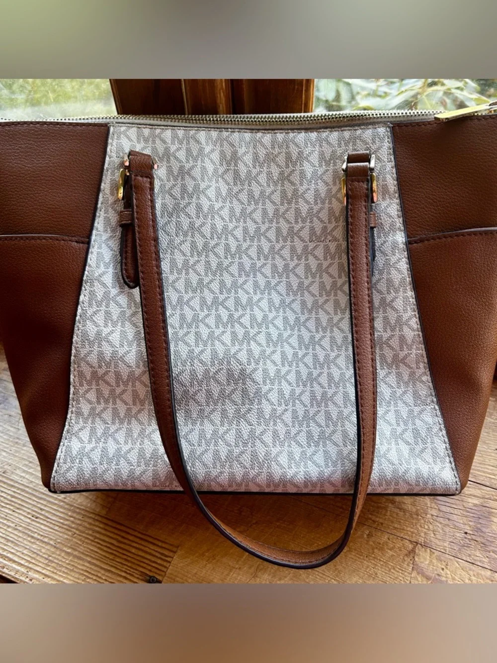Michael Kors Charlotte Leather Top Zip Bag in Vanilla w/ Goldtone Hardware